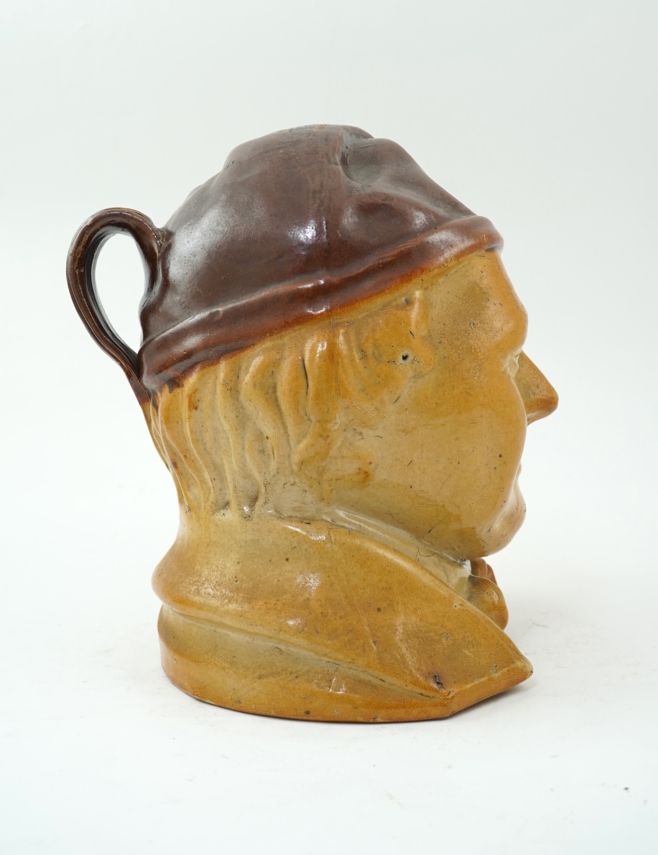 A large 19th century Johnny Souter, salt glazed stoneware spirit flask impressed T A Moss wine and spirit Merchant Bell Mount street Grosvenor square, 28cm high